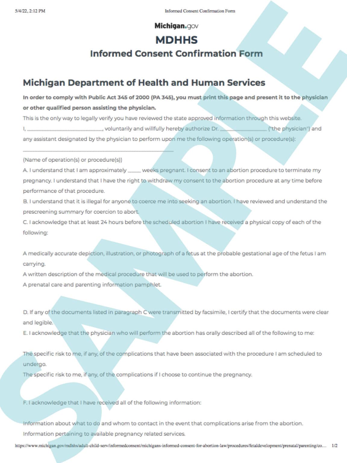 24 Hour Consent Form for Abortion Info Woman's Health Center of MI